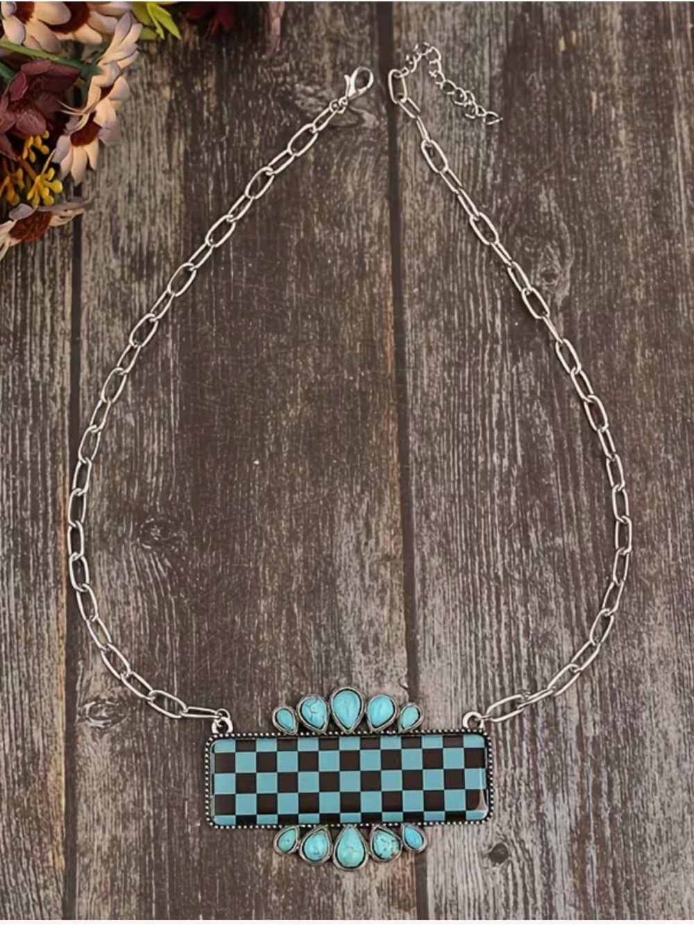 Silver Tone Adjustable Cable Chain Necklace Turquoise Rectangle Pendant 23in